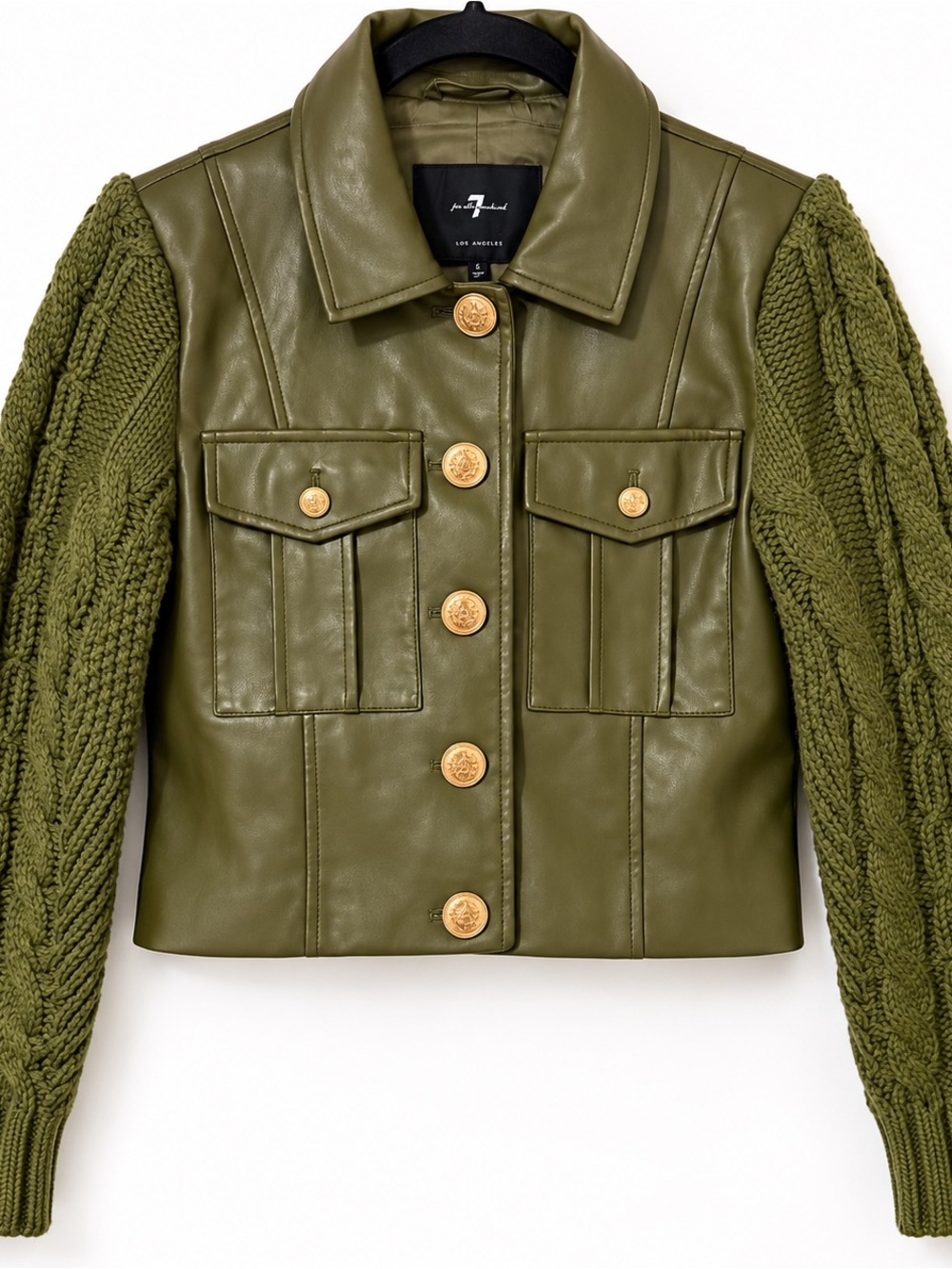 7 For All Mankind Olive Faux Leather Cable Knit Cropped Jacket S